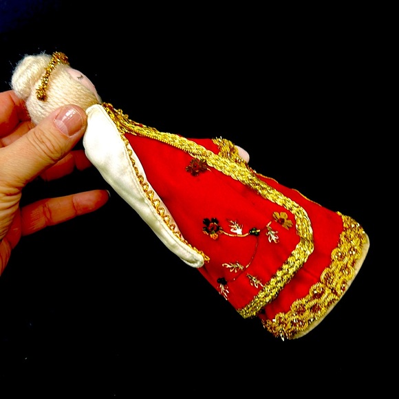 Vintage/Retro red flocked cardboard angel tree topper with satin wings , Japan - Picture 8 of 12